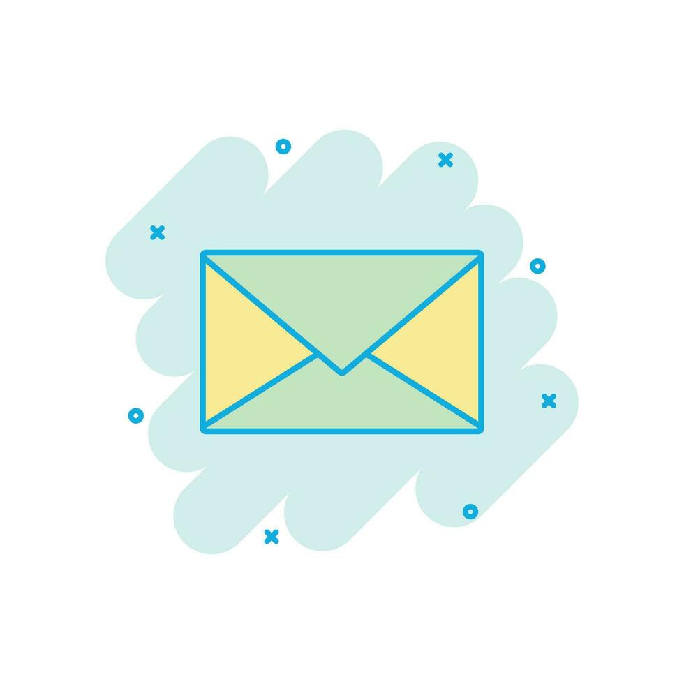 Mail envelope icon in comic style email message cartoon illustration pictogram mailbox e mail business concept splash effect vector